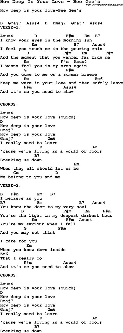 Song How Deep Is Your Love by Bee Gee's, song lyric for vocal performance plus accompaniment ...