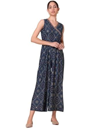 Buy Indya Women's Poly Viscose Navy Blue Abstract Print Angrakha ...