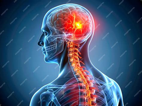 Medical 3D xray illustration of a human spine and brain painful nerves are highlighted in red ...