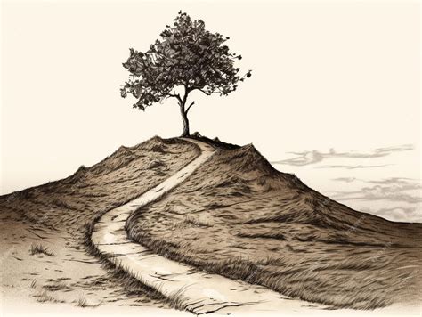 Premium AI Image | Drawing of a tree on a hill with a path going up it ...