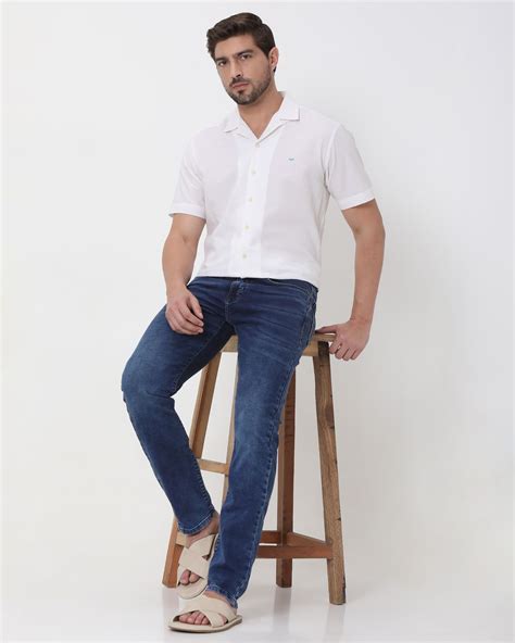 Buy Dark Indigo Blue Relaxed Straight Fit Denim Deluxe Stretch Jeans ...
