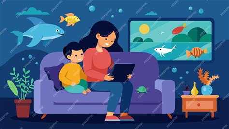 Premium Vector | A mother and child snuggle on the couch taking turns navigating a virtual ...