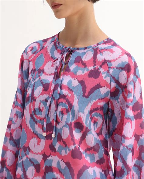 Rareism Women'S Portia Multi Linen Top with Tie-Up Neck and Abstract Print