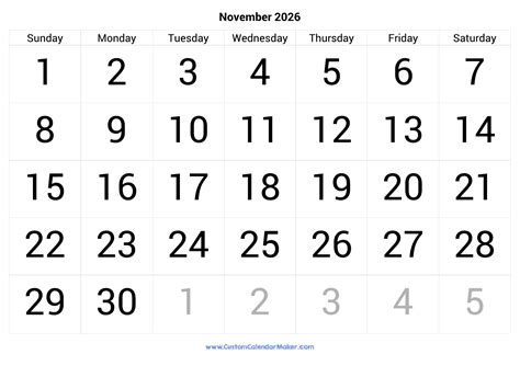 November 2026 Calendar Printable With Large Numbers | Custom Calendar Maker