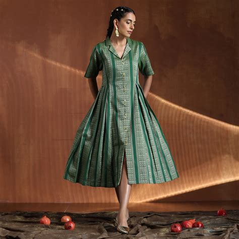 Regina- Green A line pleated dress – Label Raasleela