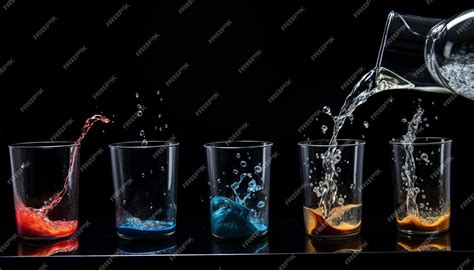 Premium Photo | Stages of pouring water into glass beaker on black ...