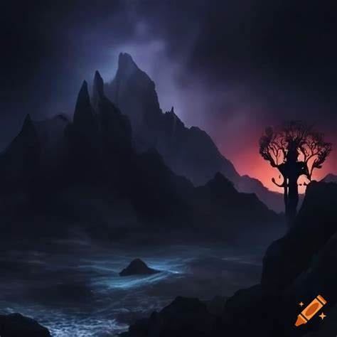 Greek underworld with rocky dark mountains and fields of asphodel on ...