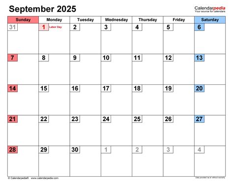 September 2025 Calendar | Templates for PDF, Excel and Word
