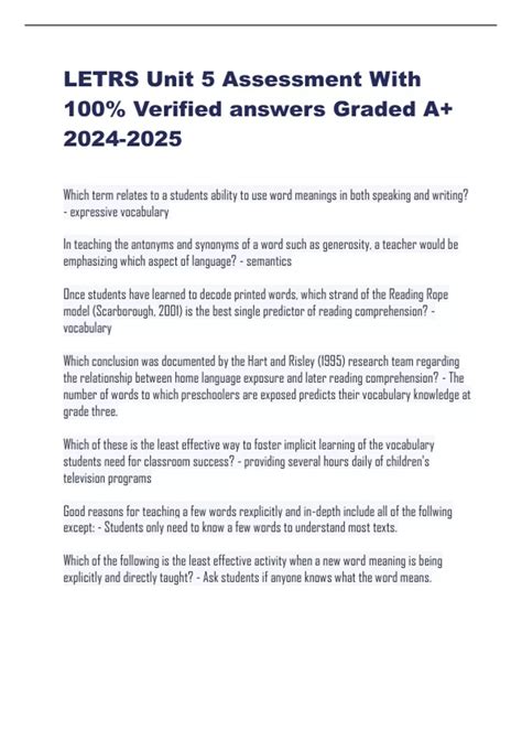 LETRS Unit 5 Assessment - LETRS Unit 5 Assessment - Stuvia US
