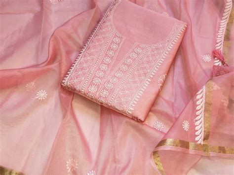 Pure Chanderi Silk 70 grm Dyeable And Hand Chikankari Work Unstitched ...