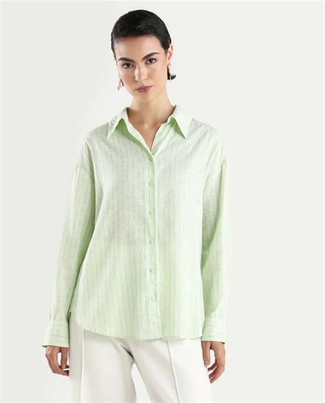 Rareism Women's Nenora Light Green Linen Spread Collar Boxy Fit Shirt