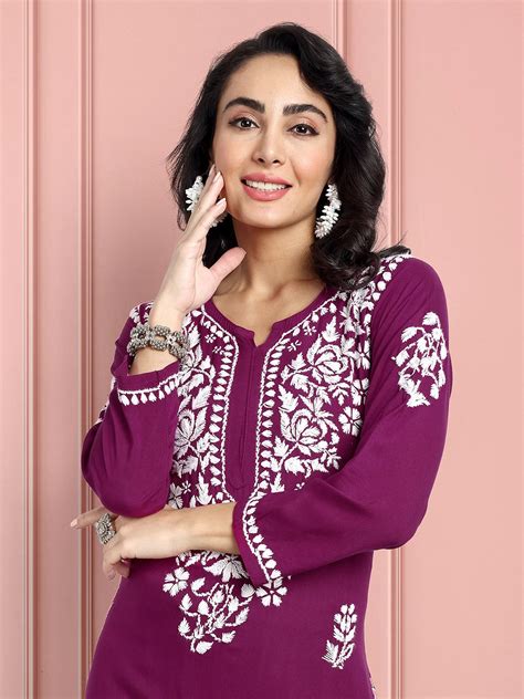 Ada Purple Rayon Lucknowi Chikankari Straight Kurta – Ada Chikan