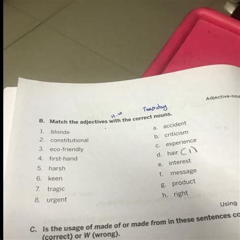 B. Match the adjectives with the correct nouns. 1. blonde 2 ...