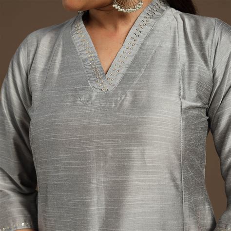 Grey Slub Silk A-Line Plain Long Kurta with Hand Embroidery
