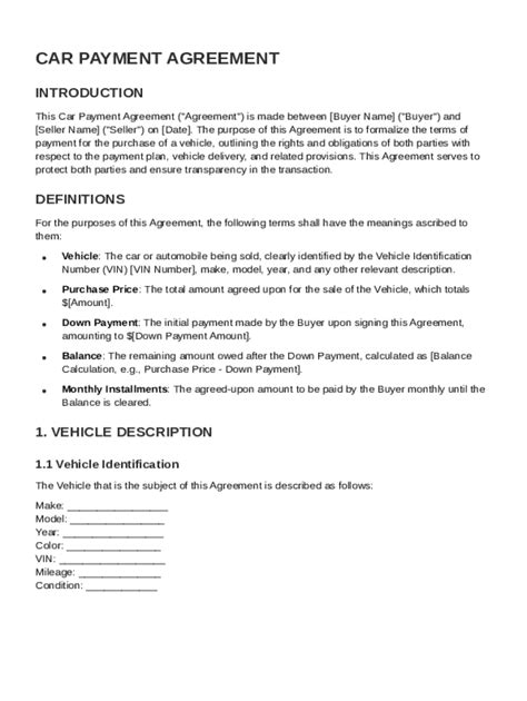 Car Payment Agreement Template Form - Fill Online, Printable, Fillable ...