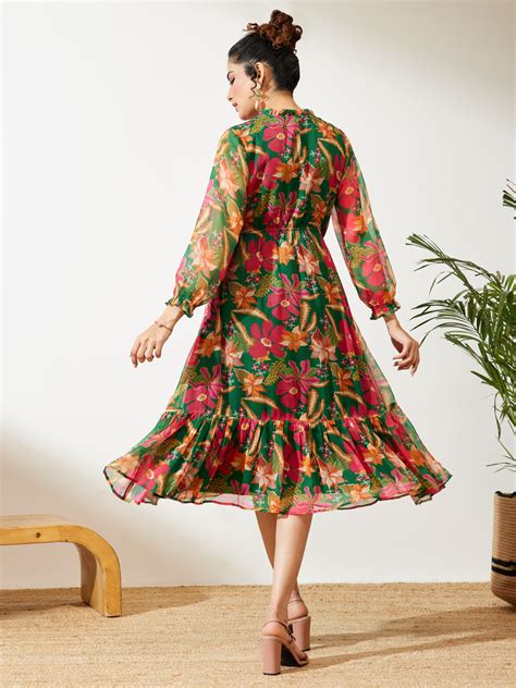 Janasya Women's Green Chiffon Floral Printed Fit & Flare Dress