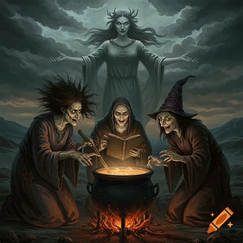 The three witches with Hecate behind a cauldron in Macbeth on Craiyon
