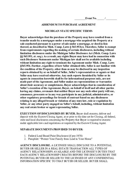 Fillable Online ADDENDUM TO PURCHASE AGREEMENT MICHIGAN STATE SPECIFIC ...