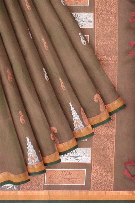 Coimbatore Cotton Olive Green Color Saree with Copper and Silver Zari ...