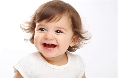 Closeup photo of a cute little baby girl child smile and laugh isolated ...