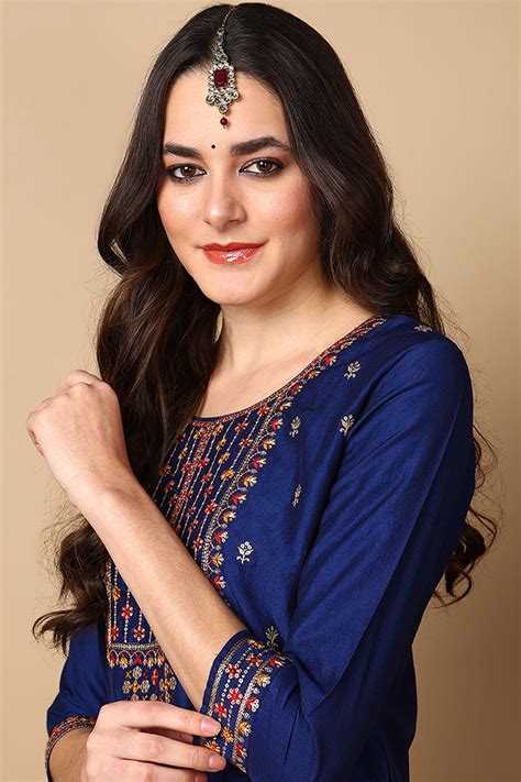 Navy Blue Silk Blend Solid Embroidered Straight Suit Set PKSKD2162 ...