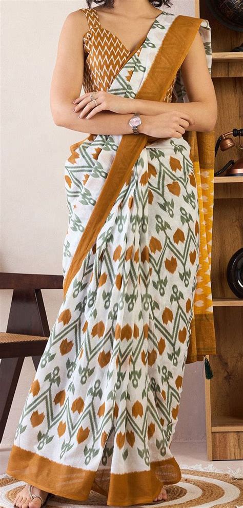 Ethnic Motifs Poly Cotton Ready To Wear Ikat Saree – oursaree9