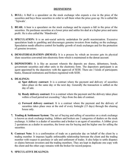 Definitions - Introduction to Financial Markets - DEFINITIONS 1. BULL ...