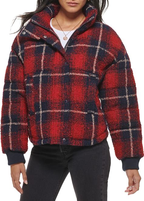 Levi’s Women’s Cinch Waist Puffer Jacket(Red/Navy Ombre Wool Plaid ...