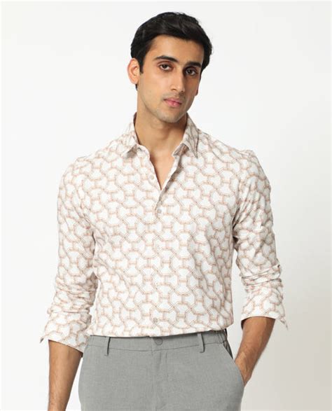 Rare Rabbit Men's Rhone Beige Cotton Geometric Print Regular Fit Full