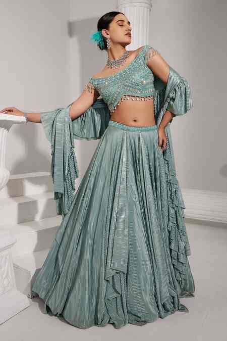 Buy Blue Net, Satin Sequins, Cut Work Off-shoulder Embroidered Draped ...