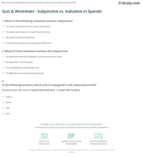Quiz & Worksheet - Subjunctive vs. Indicative in Spanish | Study.com