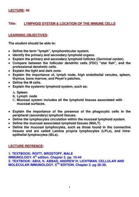 Lecture 06 Lymphatic system s - LECTURE: 06 Title: LYMPHOID SYSTEM ...