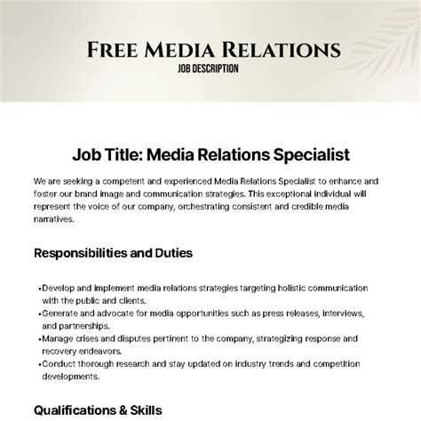 Free Media Relations Job Description Template to Edit Online