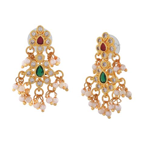 Gold Plated CZ Scintillating Flower Designer Earrings with Pearls – Estele
