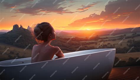 Premium AI Image | Young woman take bath outdoor at sunset girl rear view to nude back take ...