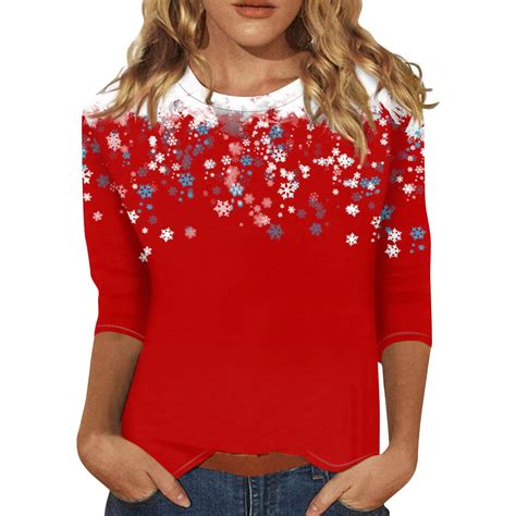 Christmas T Shirts for Women 3/4 Length Sleeve Womens Tops Holiday Tee ...