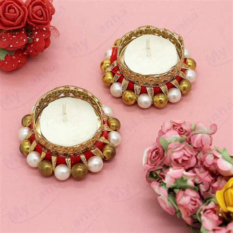 Buy Beads Decorated T-Light candle holder (2 Pc) online for decoration ...