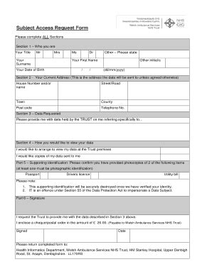 Fillable Online ambulance wales nhs Subject Access Request Form - Welsh ...