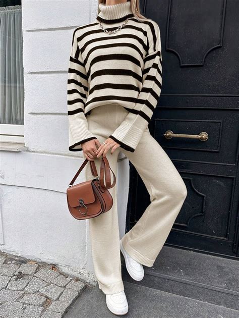 RueChic 2pcs/Set Women High Neck Long Sleeve Striped Simple Top And ...