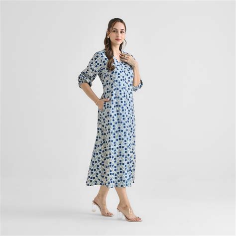 Buy Indigo Contemporary Akola Dabu Inspired Cotton Dress with V ...