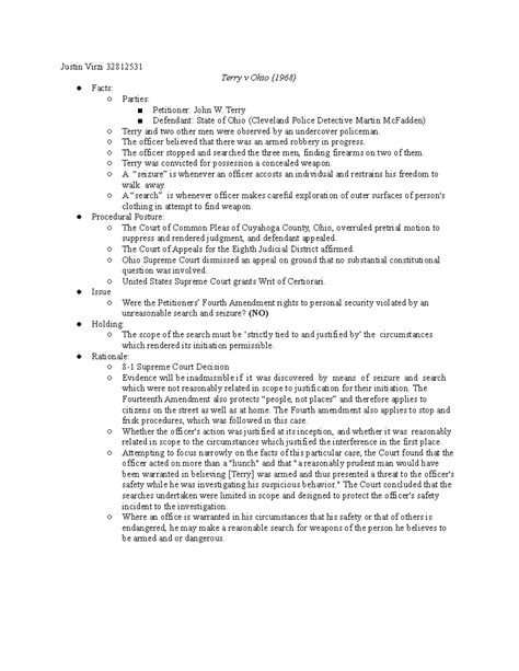 Terry v. Ohio - Case Brief - Justin Virzi 32812531 Terry v Ohio (1968 ...