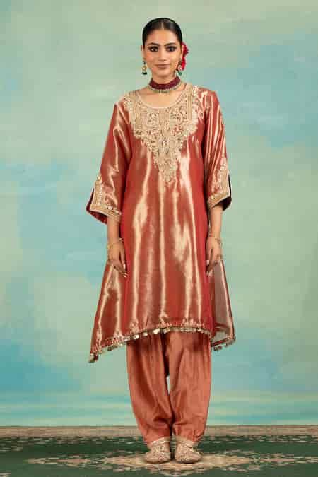 Buy Rust Tissue, Chanderi, Organza Zari, Pearls, And Work Kurta Salwar ...