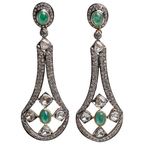 Emerald Baguette Round Diamond Dangle Earrings at 1stDibs