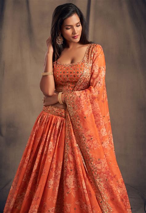 Orange Floral Lehenga Choli with Mirror and Zari Embroidery – Manvansh ...