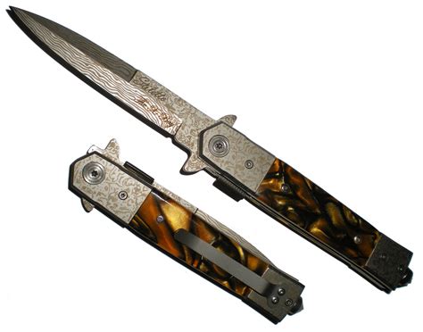 TIGER EYE Handle Damascus Assisted Open Godfather Switch Stiletto Knife ...