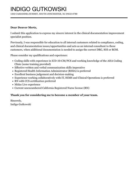 Clinical Documentation Improvement Specialist Cover Letter | Velvet Jobs