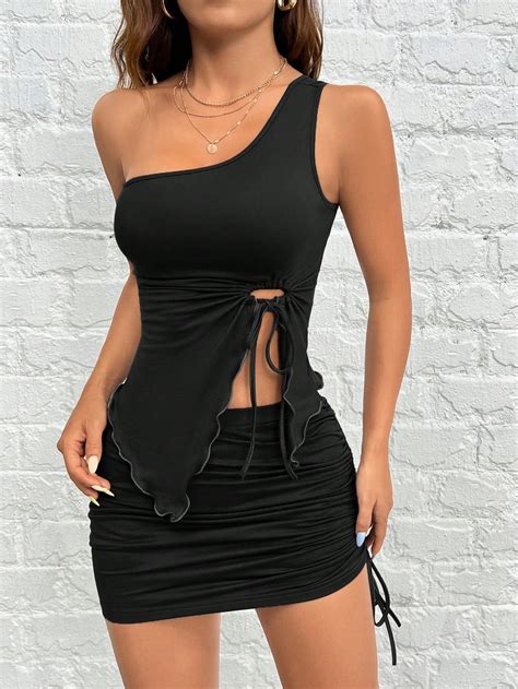 Shop Black One Shoulder Ruched Top & Skirt Set - for Women | OUTZIDR ...