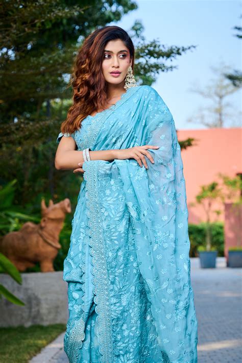Blue Viscose Organza Saree – Aparnaa Sarees