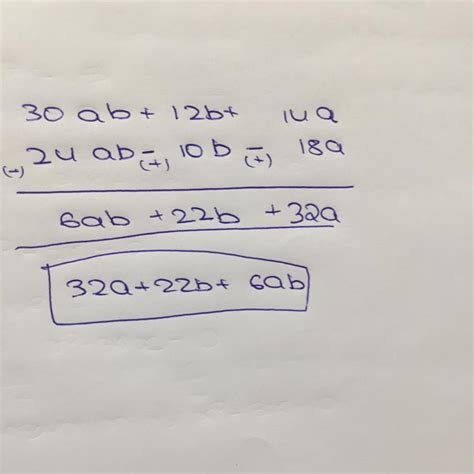 Subtract 24ab-10b-18a from 30ab+12b+14a - Brainly.in