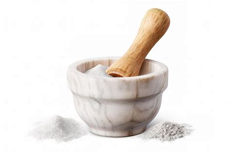 A white marble mortar and pestle with powdered ingredients ready for ...